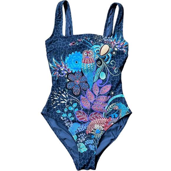 Johnny Was Women's Swimsuit XS Sea Owl Print Floral Square Neck One Piece NWT - Picture 2 of 16